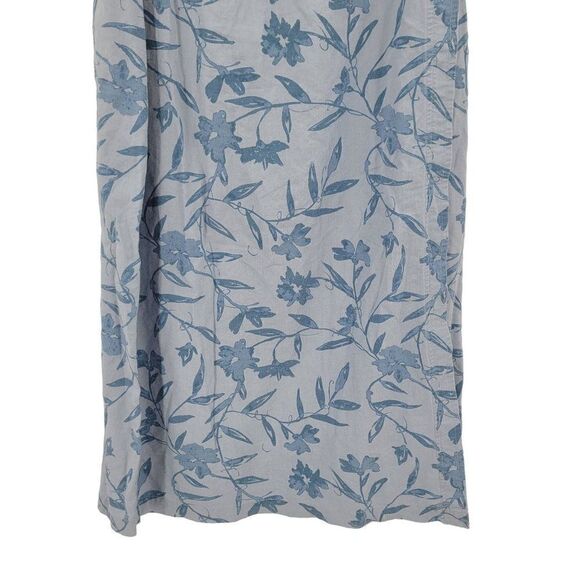 Vintage 80s Linen True Wrap Midi Skirt 12 Blue Monochromatic Floral Side Button - Picture 9 of 13